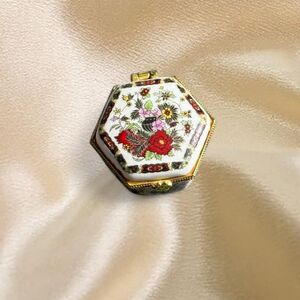 Vintage Floral Porcelain Trinket Box Gold Tone Hexagon Mini Jewelry Box